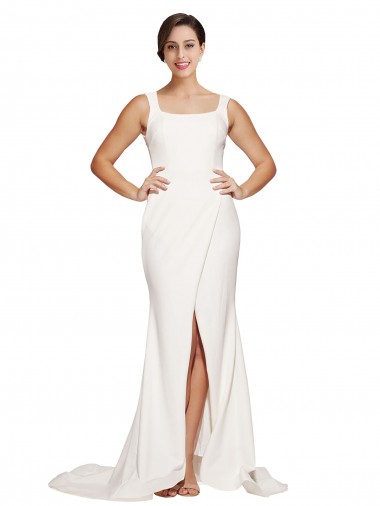 Square Neck Long Sheath Sweep Train Crepe Bridesmaid Dress / Prom Dress  for Sale