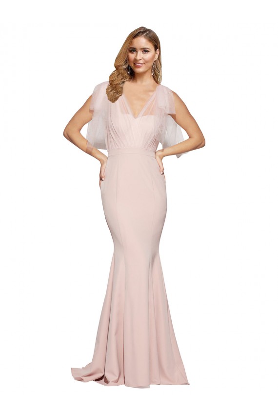 Double Bow Full Length Sweetheart Formal Crepe Bridesmaid Dress / Prom Dress with Tulle Overlay for Sale