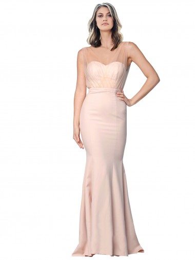 Full Length Sweetheart Formal Crepe Bridesmaid Dress / Prom Dress with Tulle Overlay for Sale