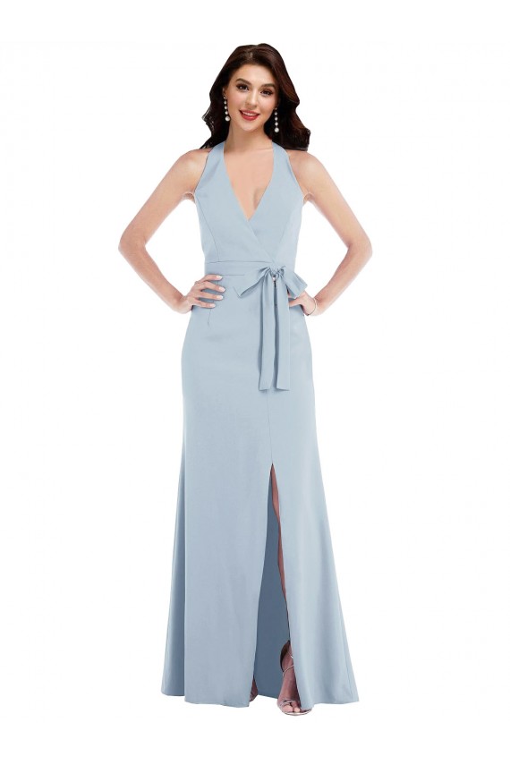 Open Back Halter Maxi Formal Crepe Bridesmaid Dress / Prom Dress with Draped Bow for Sale