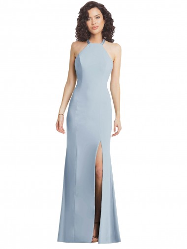 High Neck Halter Formal Crepe Bridesmaid Dress / Prom Dress with Twist Criss Cross Back for Sale