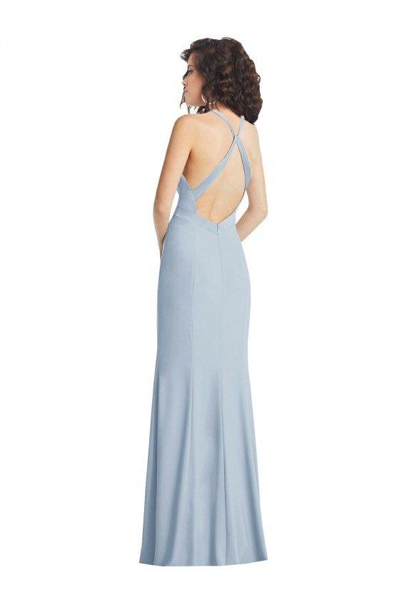 High Neck Halter Formal Crepe Bridesmaid Dress / Prom Dress with Twist Criss Cross Back for Sale