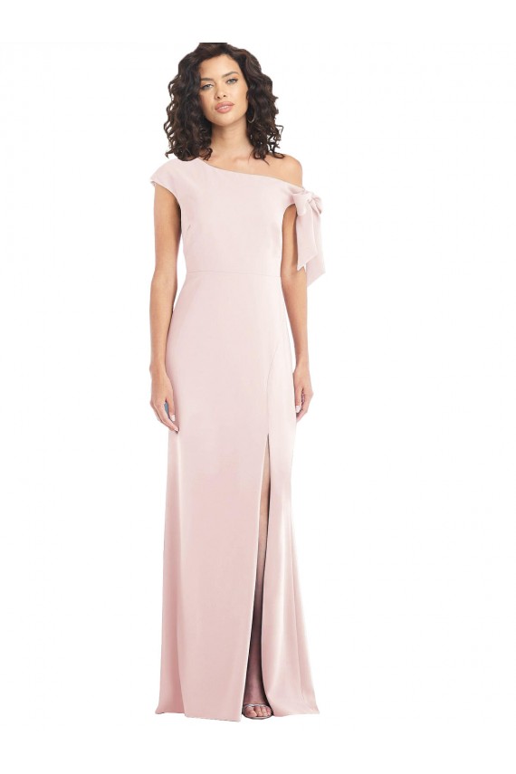 Off the Shoulder Tie Detail Trumpet Formal Crepe Bridesmaid Dress / Prom Dress with Front Slit for Sale