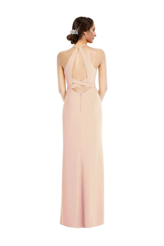 Halter Criss Cross Cutout Back Maxi Formal Crepe Bridesmaid Dress / Prom Dress for Sale