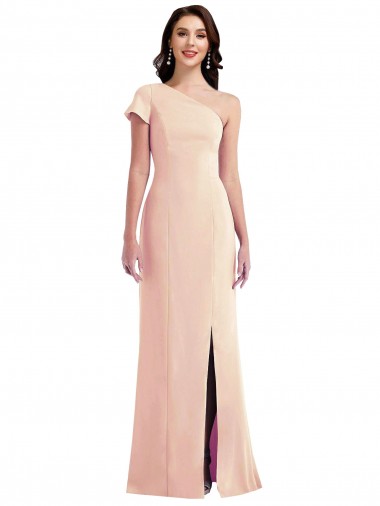 One Shoulder Cap Sleeves Trumpet Formal Crepe Bridesmaid Dress / Prom Dress with Front Slit for Sale