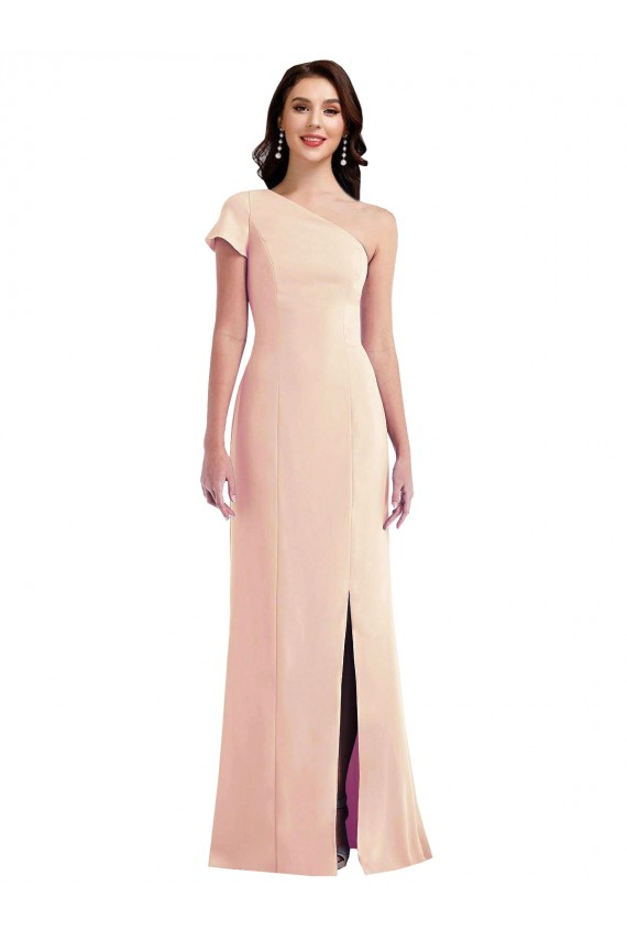 One Shoulder Cap Sleeves Trumpet Formal Crepe Bridesmaid Dress / Prom Dress with Front Slit for Sale