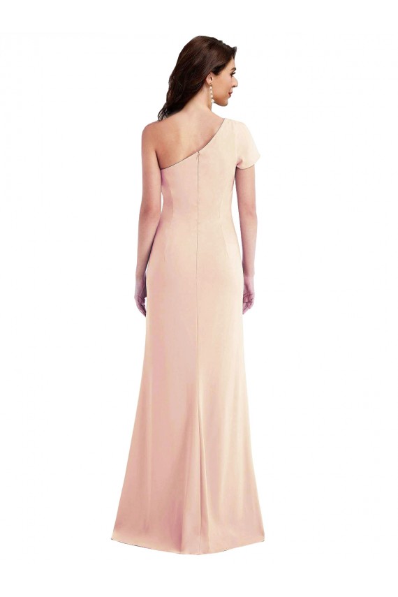 One Shoulder Cap Sleeves Trumpet Formal Crepe Bridesmaid Dress / Prom Dress with Front Slit for Sale