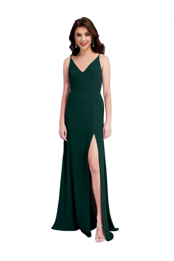 Slim A-Line V-Neck Full Length Formal Crepe Bridesmaid Dress / Prom Dress with Side Slit for Sale