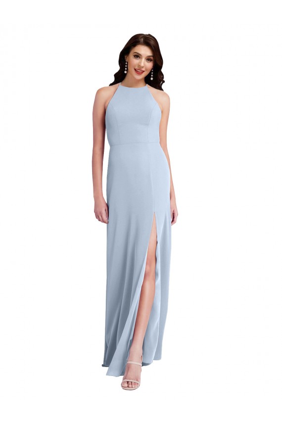 Fit and Flare High Neck Formal Crepe Bridesmaid Dress / Prom Dress with Side Slit for Sale