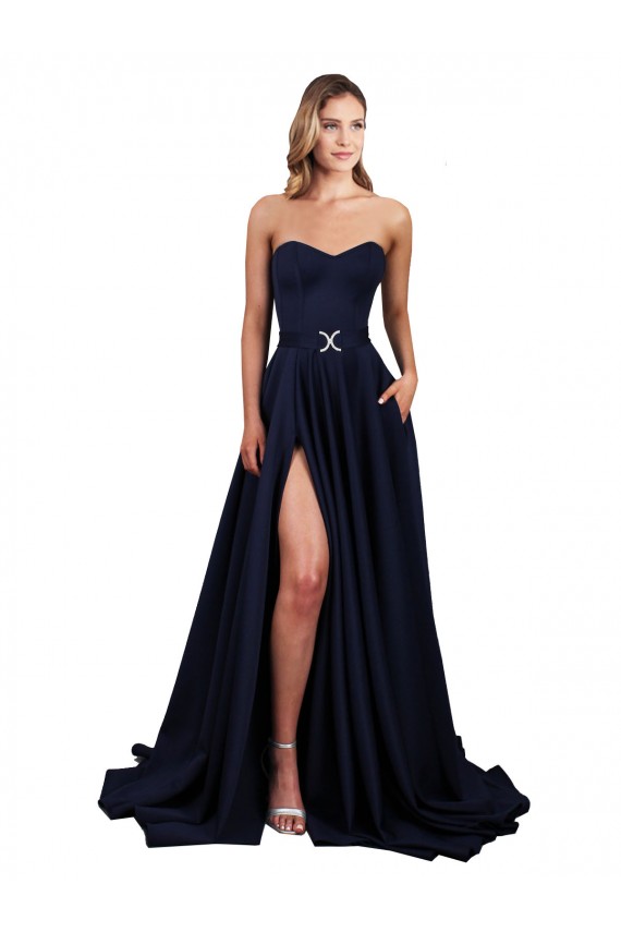 Sweetheart Neckline Low Back Long Formal Crepe Bridesmaid Dress / Prom Dress with Pockets & High Leg Spit for Sale