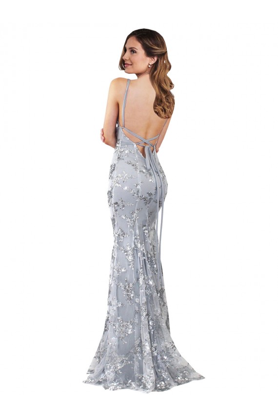 Silver V-Neckline Backless Floral Patterned Sequin Formal Bridesmaid Dress / Prom Dress for Sale