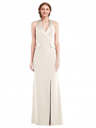 Halter Tuxedo Maxi Bridesmaid Dress / Prom Dress with Front Slit for Sale