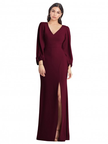 Long Puff Sleeve V-Neck Trumpet Bridesmaid Maxi Dress for Sale