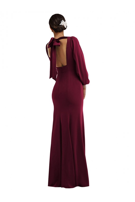 Bishop Sleeve Open Back Trumpet Formal Crepe Bridesmaid Dress / Prom Dress with Scarf Tie for Sale