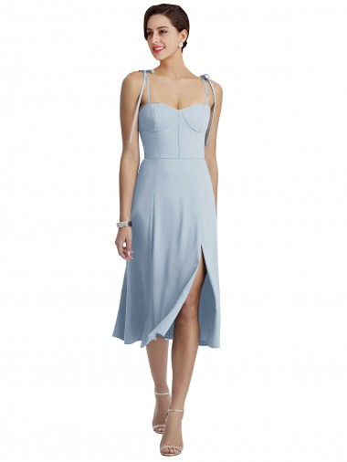 Midi Cocktail Length Bustier Crepe Bridesmaid Dress / Prom Dress with Back Bow Straps for Sale