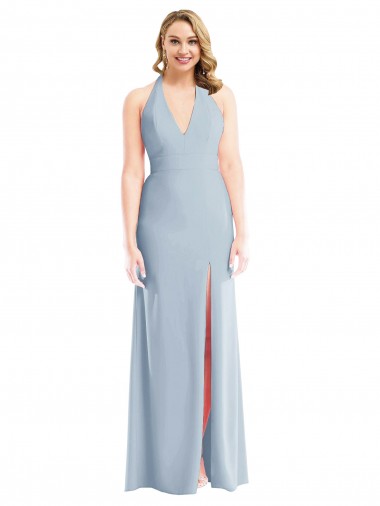 Plunge Neck Halter Backless Trumpet Bridesmaid Dress / Prom Dress with Front Slit for Sale