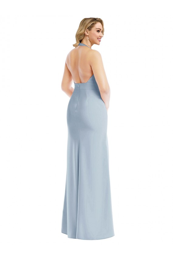 Plunge Neck Halter Backless Trumpet Bridesmaid Dress / Prom Dress with Front Slit for Sale