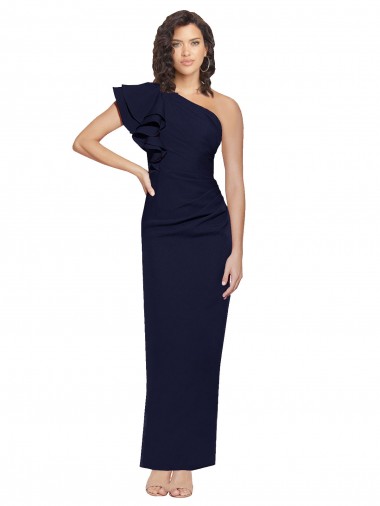 Ruched Floor Length Long Formal Crepe Bridesmaid Dress / Prom Dress with Shoulder Ruffles for Sale