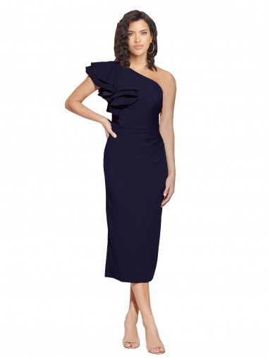 Ruched Midi Length Short Cocktail Formal Crepe Bridesmaid Dress / Prom Dress with Shoulder Ruffles for Sale