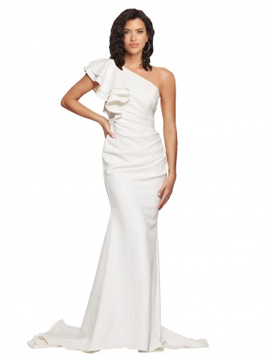 Ruched Long Sweep Train Crepe Bridesmaid Dress / Prom Dress with Shoulder Ruffles for Sale