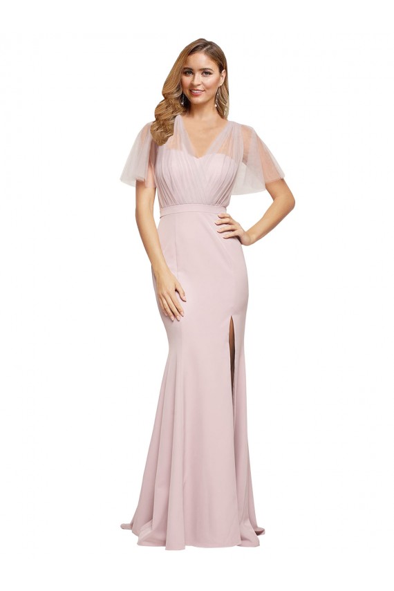 Crepe Long Sweetheart Neckline Formal Bridesmaid Dress / Prom Dress with Tulle Overlay Shoulders for Sale