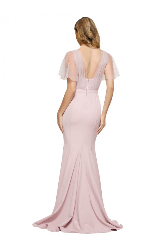 Crepe Long Sweetheart Neckline Formal Bridesmaid Dress / Prom Dress with Tulle Overlay Shoulders for Sale