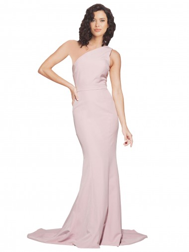 Long Sweep Train One Shoulder Crepe Bridesmaid Dress / Prom Dress with Side Leg Split for Sale