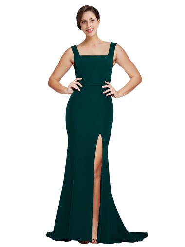 Fitted Square Neck Long Crepe Bridesmaid Dress / Prom Dress with Train and Side Split for Sale