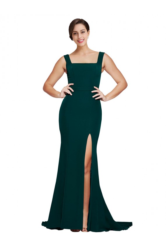 Fitted Square Neck Long Crepe Bridesmaid Dress / Prom Dress with Train and Side Split for Sale