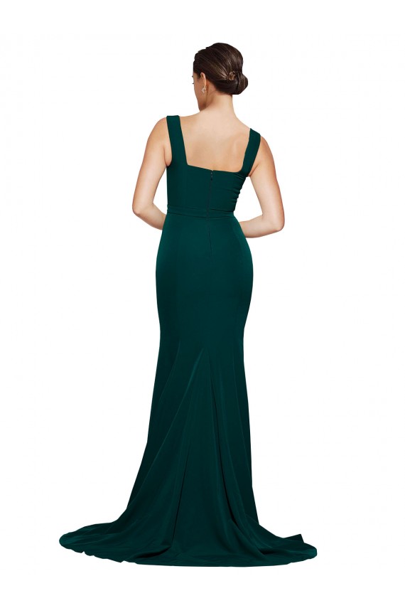 Fitted Square Neck Long Crepe Bridesmaid Dress / Prom Dress with Train and Side Split for Sale