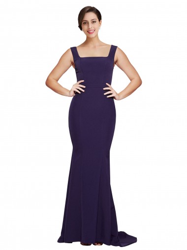 Square Neck Long Sweep Train Crepe Bridesmaid Dress / Prom Dress with Thick Straps for Sale