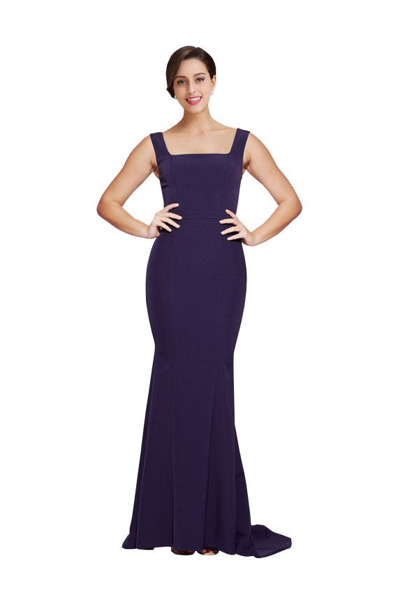 Square Neck Long Sweep Train Crepe Bridesmaid Dress / Prom Dress with Thick Straps for Sale