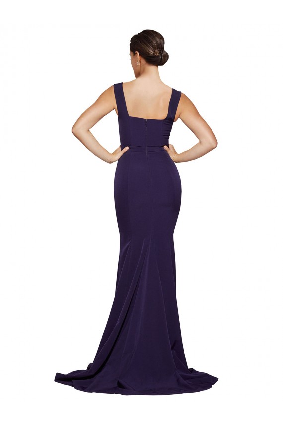 Square Neck Long Sweep Train Crepe Bridesmaid Dress / Prom Dress with Thick Straps for Sale