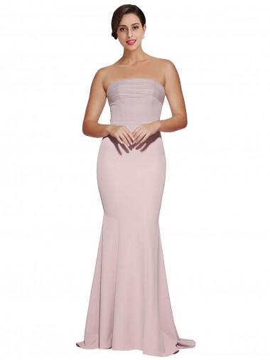 Straight Neck Long Strapless Formal Crepe Bridesmaid Dress / Prom Dress with Soft Tulle Overlay and Small Train for Sale