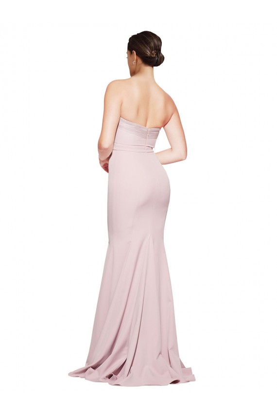 Straight Neck Long Strapless Formal Crepe Bridesmaid Dress / Prom Dress with Soft Tulle Overlay and Small Train for Sale