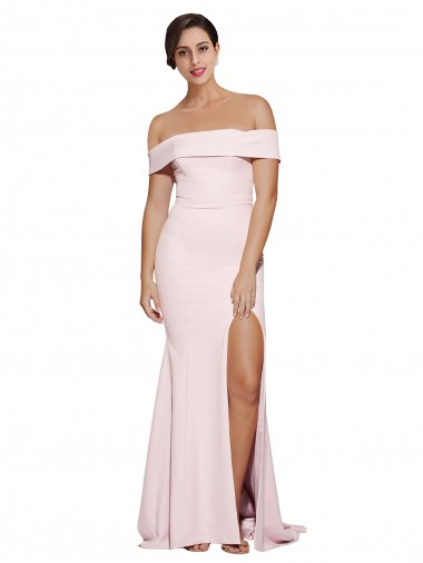 Off Shoulder Long Formal Crepe Bridesmaid Dress / Prom Dress with Straight Neckline and Side Split for Sale