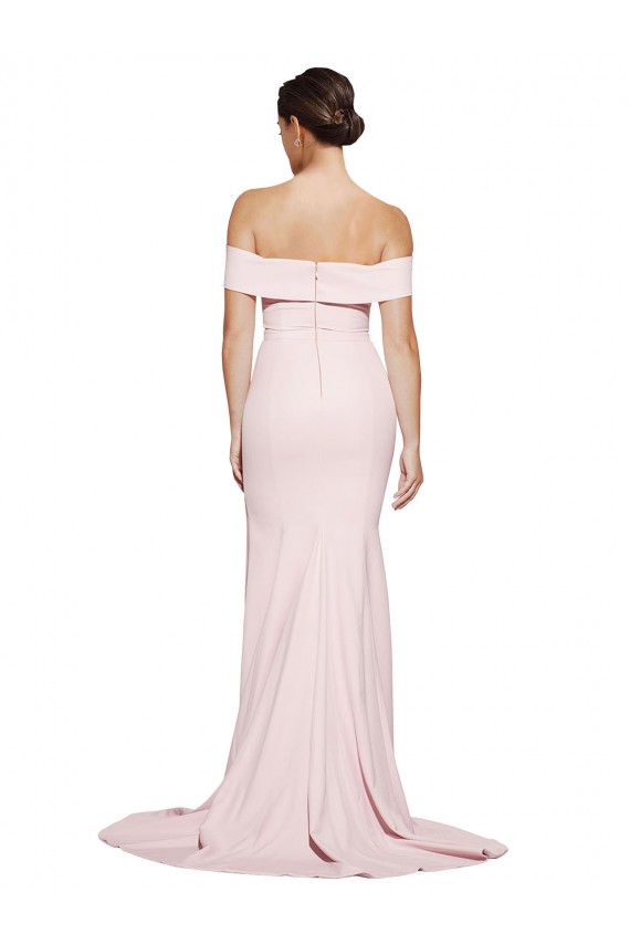 Off Shoulder Long Formal Crepe Bridesmaid Dress / Prom Dress with Straight Neckline and Side Split for Sale