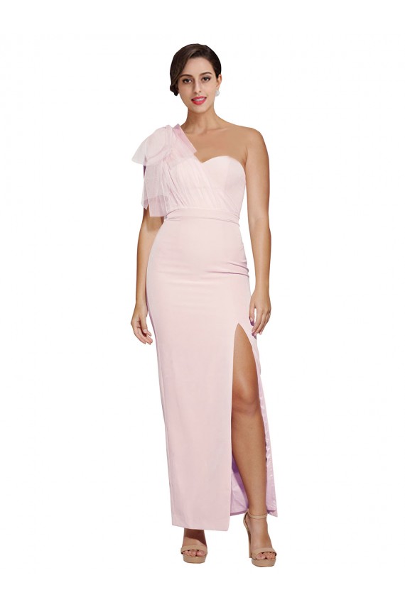 One Shoulder Tulle Overlay Sweetheart Neckline Long Formal Crepe Bridesmaid Drss with Thigh Split for Sale