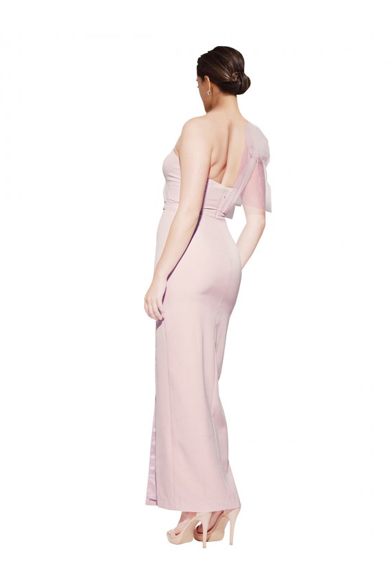 One Shoulder Tulle Overlay Sweetheart Neckline Long Formal Crepe Bridesmaid Drss with Thigh Split for Sale