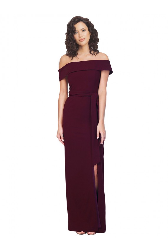 Fitted Full Length Off the Shoulder Formal Crepe Bridesmaid Dress / Prom Dress with Side Split and Waist Tie for Sale