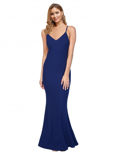 Full Length V-Neckline Formal Crepe Bridesmaid Dress / Prom Dress with Thin Straps and Fulted Skirt for Sale