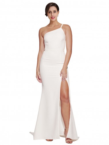 Long Sweep Train Crepe Bridesmaid Dress / Prom Dress with Side Split and One Strap for Sale