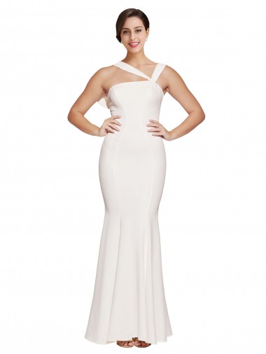 Full Length Square Neck Formal Crepe Bridesmaid Dress / Prom Dress with Asymmetrical Straps and Bow Back for Sale