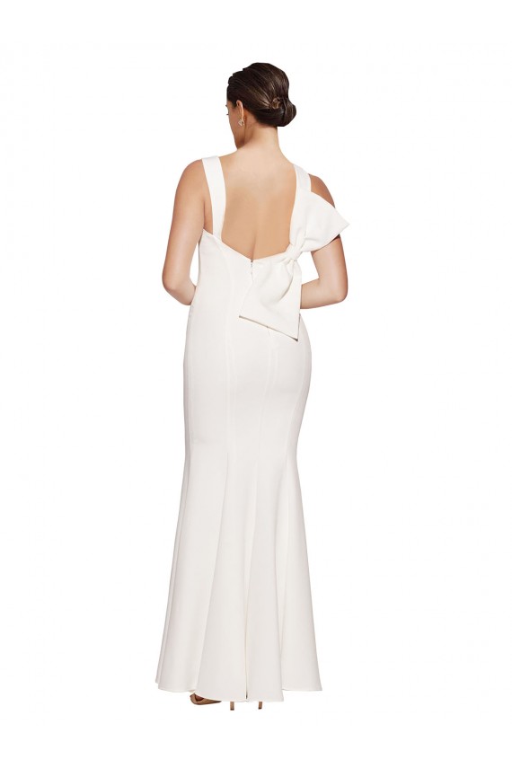 Full Length Square Neck Formal Crepe Bridesmaid Dress / Prom Dress with Asymmetrical Straps and Bow Back for Sale