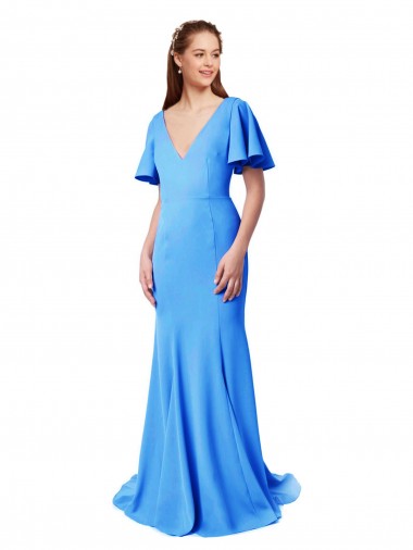 Short Sleeves Long V-Neck Crepe Bridesmaid Dress / Prom Dress with V-Back for Sale