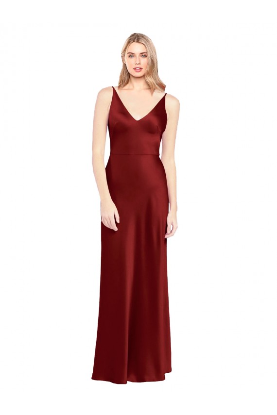 Full Length Long Formal Stretch Satin Slip Bridesmaid Dress / Prom Dress V-Back for Sale
