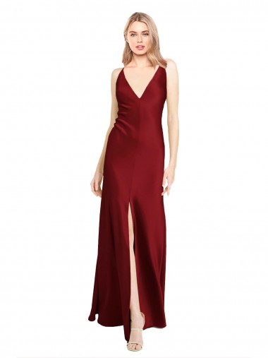 Floor Length Deep V-Back Formal Stretch Satin Bridesmaid Dress / Prom Dress with Front Slit for Sale