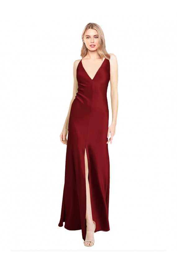 Floor Length Deep V-Back Formal Stretch Satin Bridesmaid Dress / Prom Dress with Front Slit for Sale