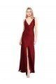 Floor Length Deep V-Back Formal Stretch Satin Bridesmaid Dress / Prom Dress with Front Slit for Sale