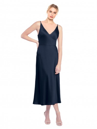 V-Neck Midi Length Short Cocktail Formal Stretch Satin Bridesmaid Dress / Prom Dress V-Back for Sale